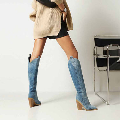 Stylish wedge heel cowboy boots in blue with a tall design and chunky heel for a modern look