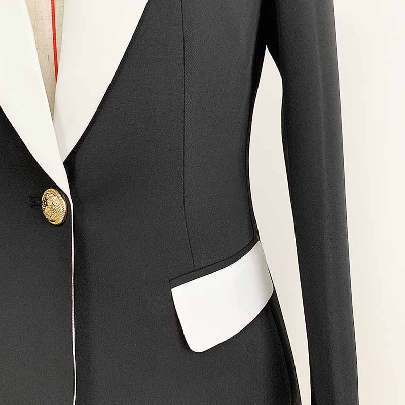 Elegant White Collar Blazer Black Jacket with a Stylish Design and Gold Button Detail