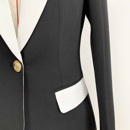 Elegant White Collar Blazer Black Jacket with a Stylish Design and Gold Button Detail