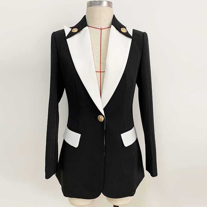 Elegant White Collar Blazer Black Jacket with contrasting white lapels and golden buttons for a stylish look