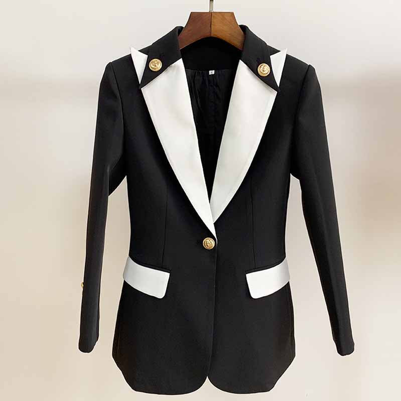 White Collar Blazer Black Jacket with Elegant White Lapels and Stylish Gold Buttons