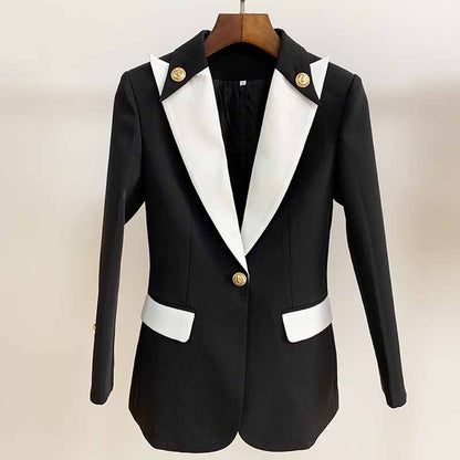 White Collar Blazer Black Jacket with Elegant White Lapels and Stylish Gold Buttons