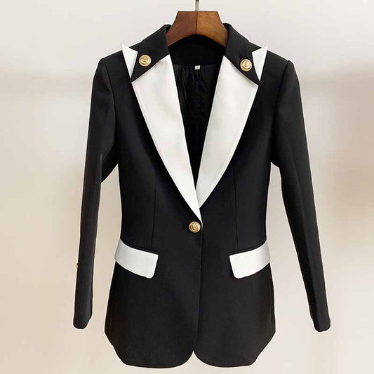 White Collar Blazer Black Jacket with Elegant White Lapels and Stylish Gold Buttons
