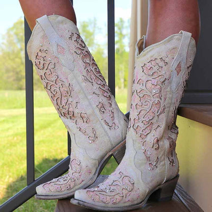 Elegant white glitter wedding boots with intricate designs for a stunning bridal look