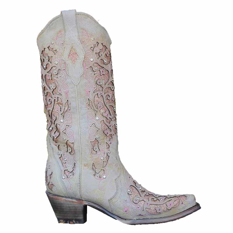 Elegant white glitter wedding boots with intricate floral patterns and a stylish heel
