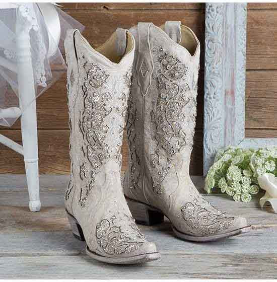 Elegant white glitter wedding boots with intricate floral designs, perfect for brides on their special day