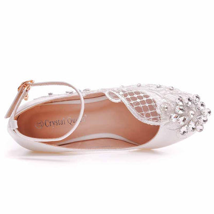 Crystal Queen White Wedge Bridal Sandals featuring elegant embellishments and a secure ankle strap