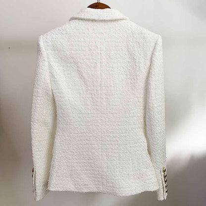 Women's Luxury Fitted Tweed Blazer Golden Lion Buttons White