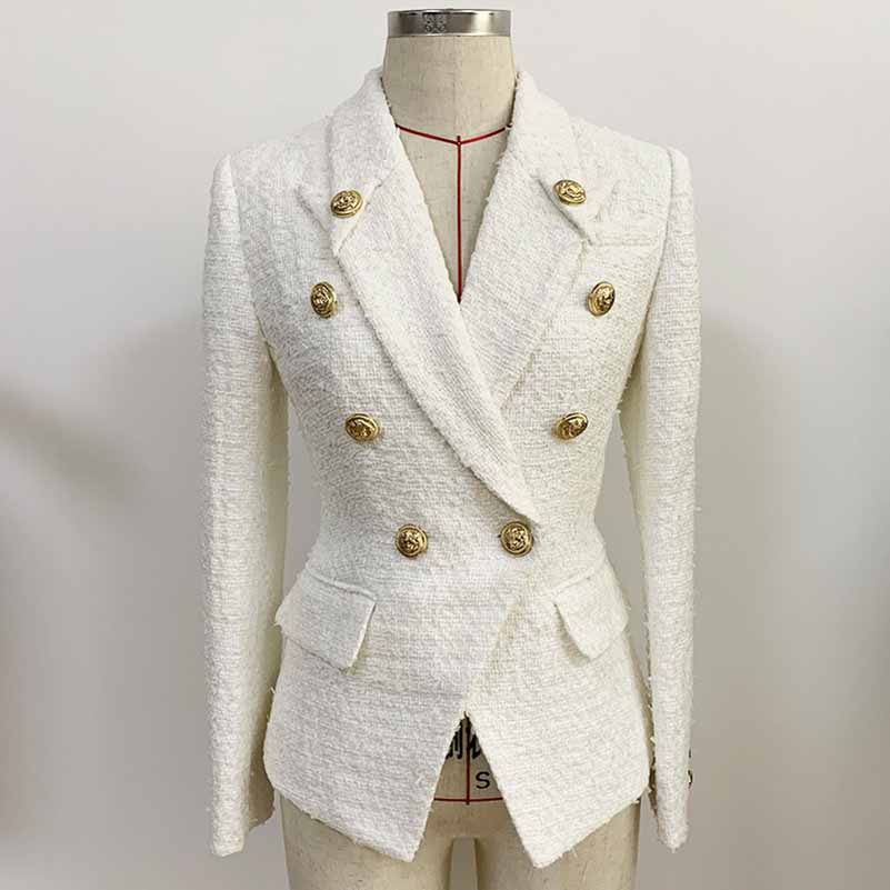 Women's Luxury Fitted Tweed Blazer Golden Lion Buttons White