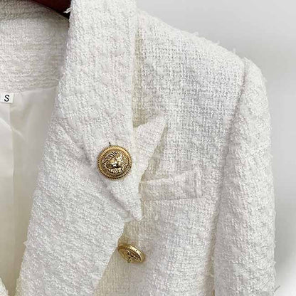 Women's Luxury Fitted Tweed Blazer Golden Lion Buttons White