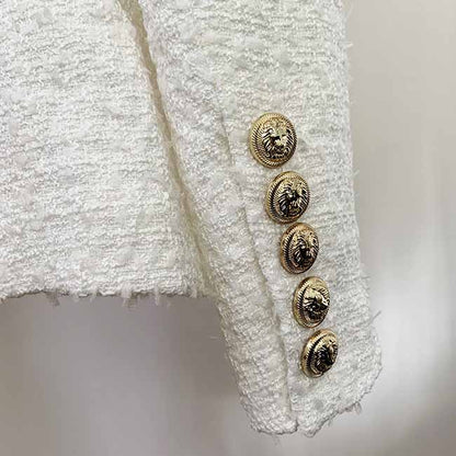 Women's Luxury Fitted Tweed Blazer Golden Lion Buttons White