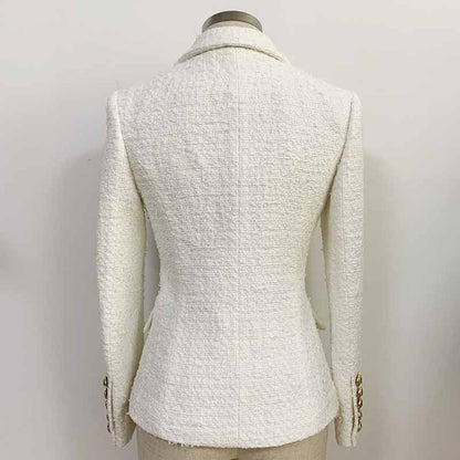 Women's Luxury Fitted Tweed Blazer Golden Lion Buttons White