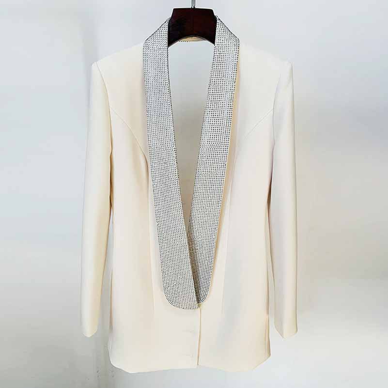 Women Deep V Rhinestone Blazer in White Backless Coat Dress