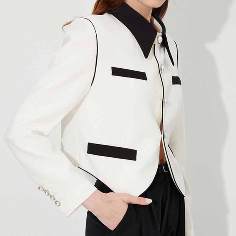Women's Black Collar Fitted White Blazer Jacket