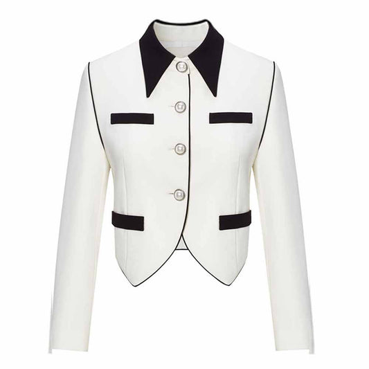 Women's Black Collar Fitted White Blazer Jacket