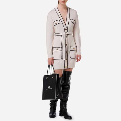 Women's Rib Knit Tie Waist Midi Dress White Knit Cardigan