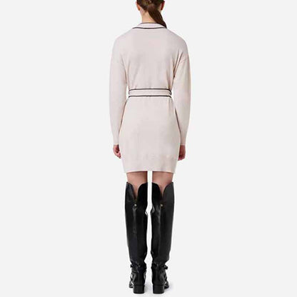 Women's Rib Knit Tie Waist Midi Dress White Knit Cardigan