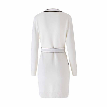 Women's Rib Knit Tie Waist Midi Dress White Knit Cardigan