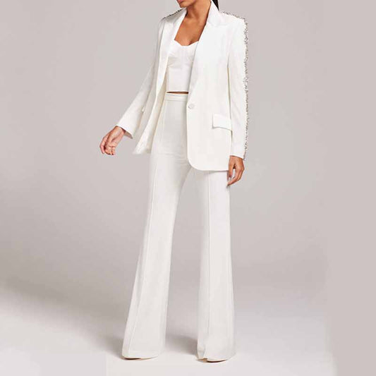 Women White Bling Bling Diamonds Decoration Fitted Blazer + Mid-High Waist Trousers Pants