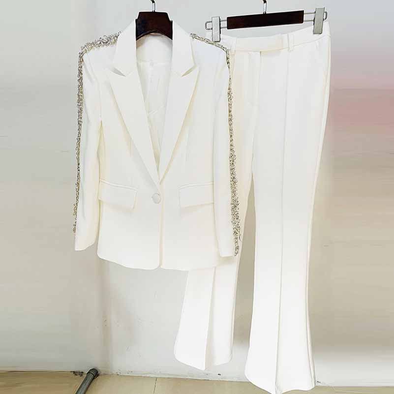 Women White Bling Bling Diamonds Decoration Fitted Blazer + Mid-High Waist Trousers Pants