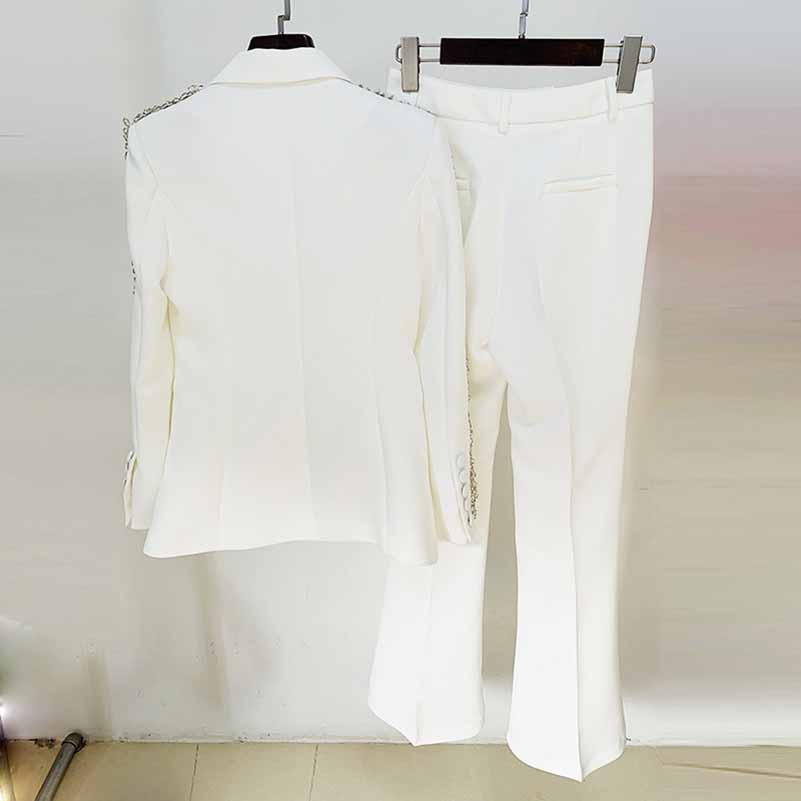 Women White Bling Bling Diamonds Decoration Fitted Blazer + Mid-High Waist Trousers Pants