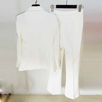 Women White Bling Bling Diamonds Decoration Fitted Blazer + Mid-High Waist Trousers Pants