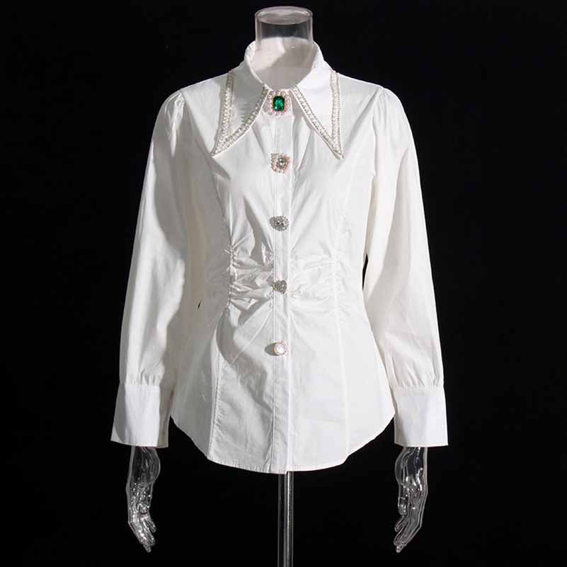 Women Beading Buttons White Blouse Pleated Bubble Sleeve Shirt White Shirt