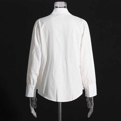 Women Beading Buttons White Blouse Pleated Bubble Sleeve Shirt White Shirt
