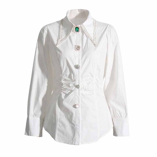 Women Beading Buttons White Blouse Pleated Bubble Sleeve Shirt White Shirt