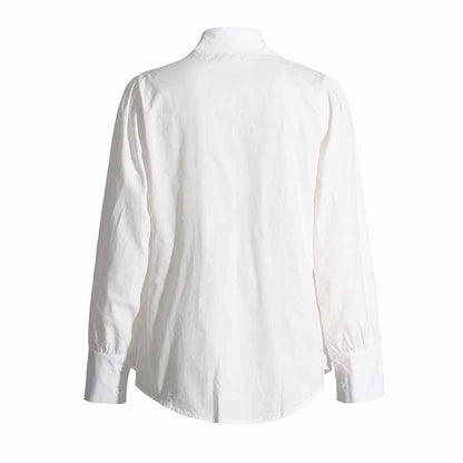 Women Beading Buttons White Blouse Pleated Bubble Sleeve Shirt White Shirt