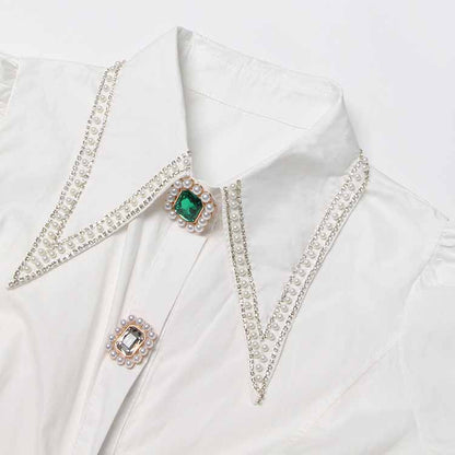 Women Beading Buttons White Blouse Pleated Bubble Sleeve Shirt White Shirt