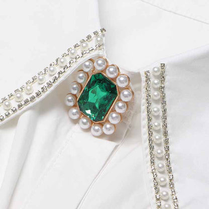 Women Beading Buttons White Blouse Pleated Bubble Sleeve Shirt White Shirt