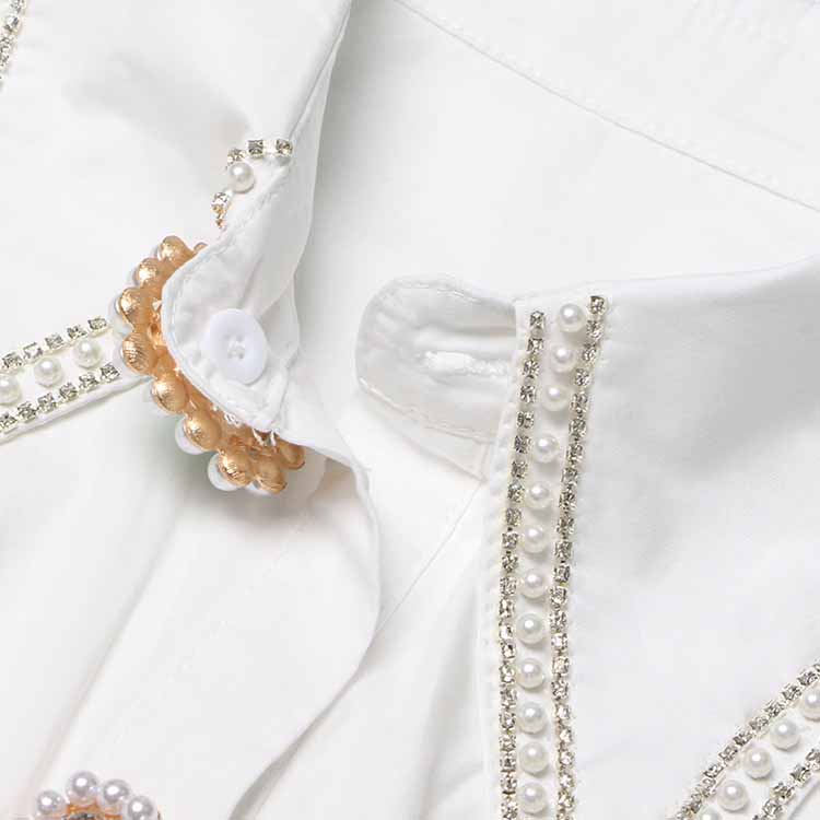 Women Beading Buttons White Blouse Pleated Bubble Sleeve Shirt White Shirt