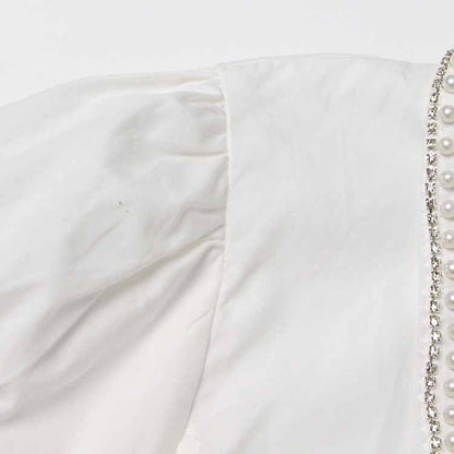 Women Beading Buttons White Blouse Pleated Bubble Sleeve Shirt White Shirt