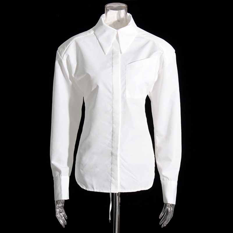 Women White Shirt Blouse Backless Long Sleeves Top