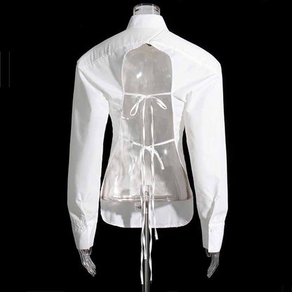 Women White Shirt Blouse Backless Long Sleeves Top