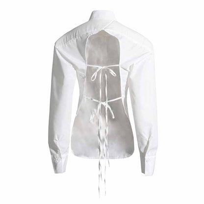 Women White Shirt Blouse Backless Long Sleeves Top