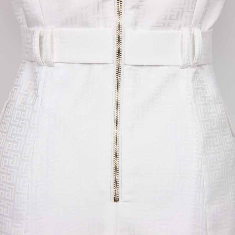 Women's Elegant Collar V Neck Lace Short Sleeve Blazer Mini White Dress with Belt