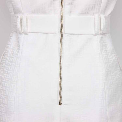 Women's Elegant Collar V Neck Lace Short Sleeve Blazer Mini White Dress with Belt