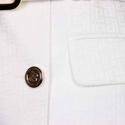 Women's Elegant Collar V Neck Lace Short Sleeve Blazer Mini White Dress with Belt