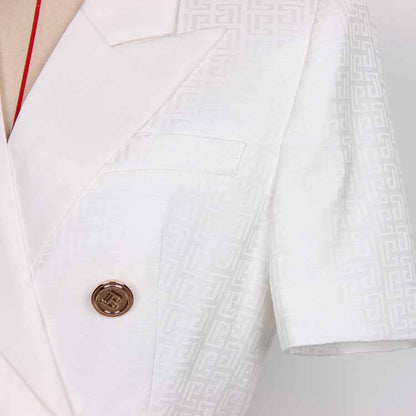 Women's Elegant Collar V Neck Lace Short Sleeve Blazer Mini White Dress with Belt