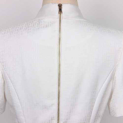 Women's Elegant Collar V Neck Lace Short Sleeve Blazer Mini White Dress with Belt