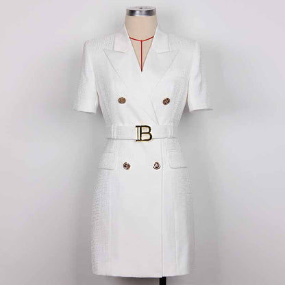 Women's Elegant Collar V Neck Lace Short Sleeve Blazer Mini White Dress with Belt