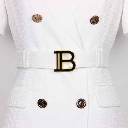 Women's Elegant Collar V Neck Lace Short Sleeve Blazer Mini White Dress with Belt
