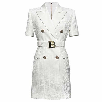 Women's Elegant Collar V Neck Lace Short Sleeve Blazer Mini White Dress with Belt