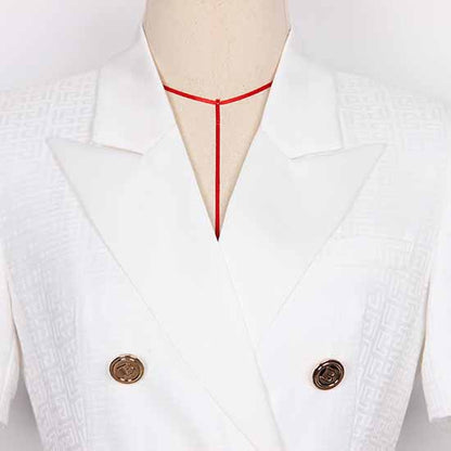 Women's Elegant Collar V Neck Lace Short Sleeve Blazer Mini White Dress with Belt