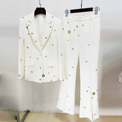 Women Metal Rings Black Blazer + Mid-High Rise Flare Trousers Pants Suit White / Black