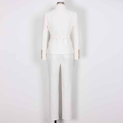 Women's White Pantsuit Gold Button Tie Belt Double Breasted Two Pieces Jacquard Suit
