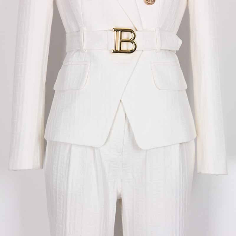 Women's White Pantsuit Gold Button Tie Belt Double Breasted Two Pieces Jacquard Suit