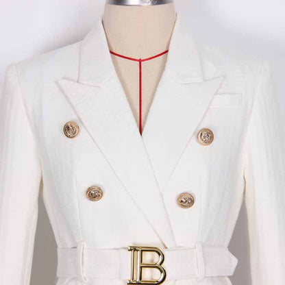Women's White Pantsuit Gold Button Tie Belt Double Breasted Two Pieces Jacquard Suit